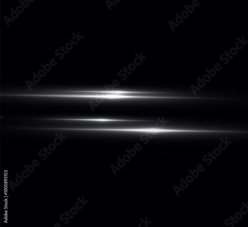 Light white effect reflections, neon illumination in white colors. Bright light lens. Police light effects, lines. Shiny stars, glowing sparks on a black background. Vector yelllow light effect