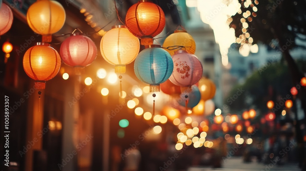 Chinese New Year lanterns and street lights in a festive cityscape Chinese New Year lanterns and street lights in a festive cityscape