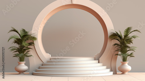 Abstract beige background for presentation with vases and plants, arch empty podium. Product display presentation, advertising, mockup, showcasing.	
