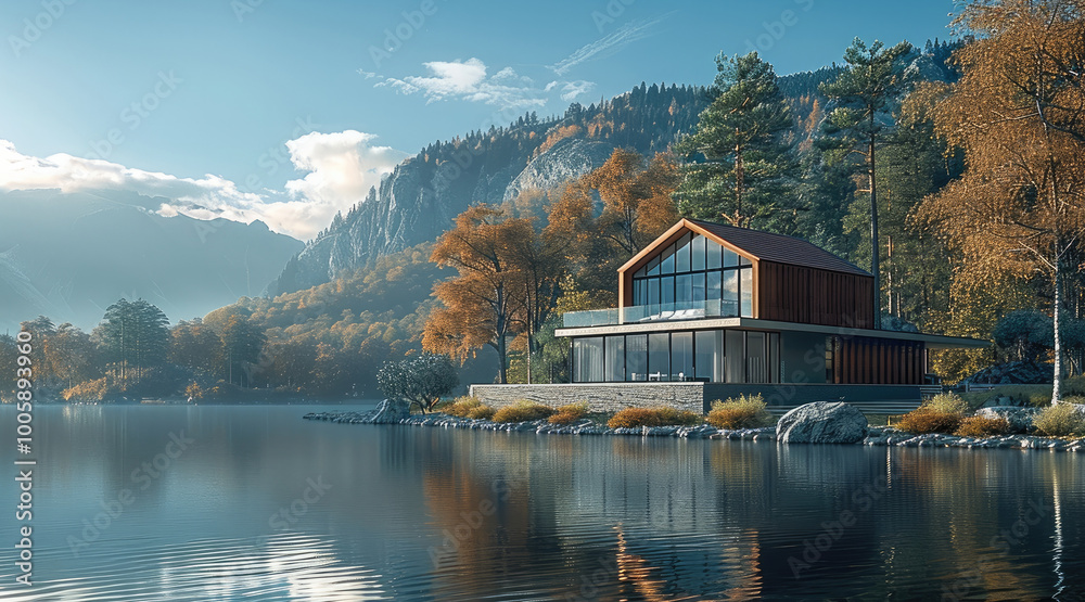 Fototapeta premium A house in front of a lake with blue sky.