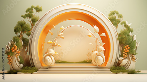 Abstract colored bright background for presentation with palms, summer round empty podium. Product display presentation, advertising, mockup, showcasing.	
