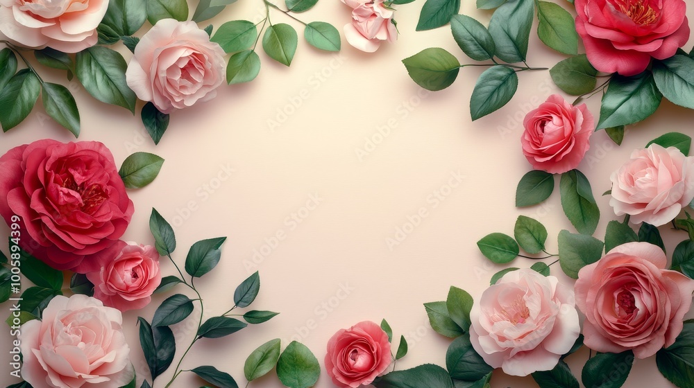 Floral Frame of Pink and Red Roses on Pastel Background, Copy Space for Text or Design Floral Frame of Pink and Red Roses on Pastel Background, Copy Space for Text or Design