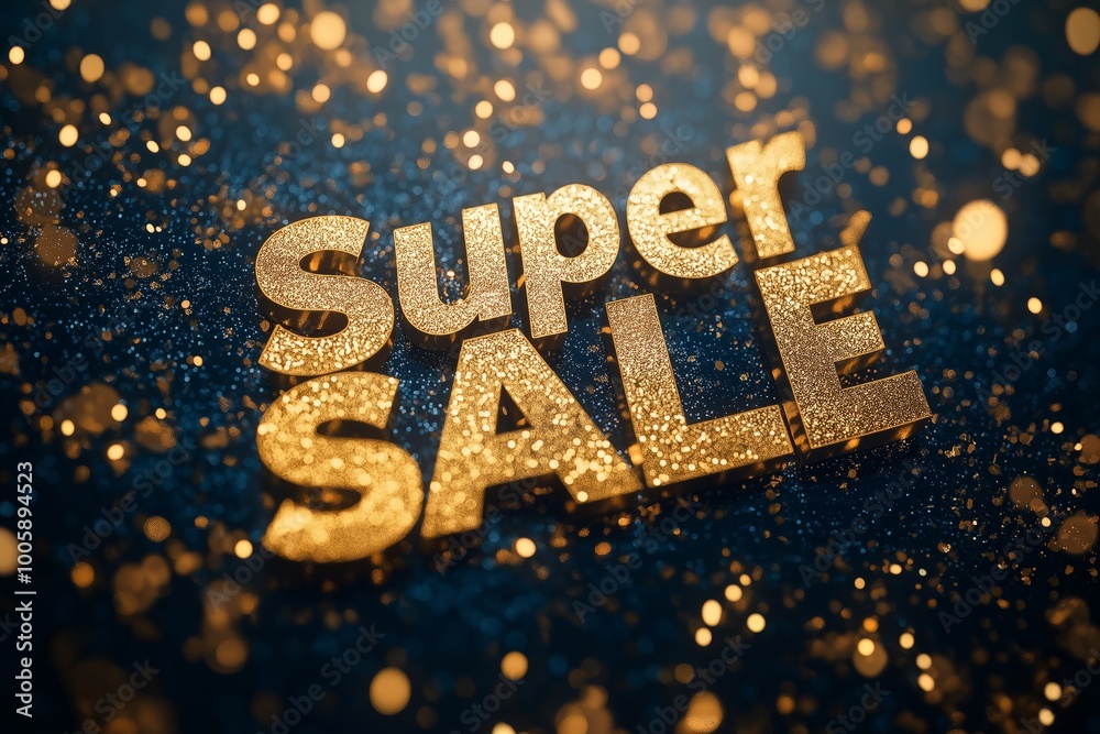 Fototapeta premium Golden super sale text with sparkling confetti scattered on a dark, glittery background