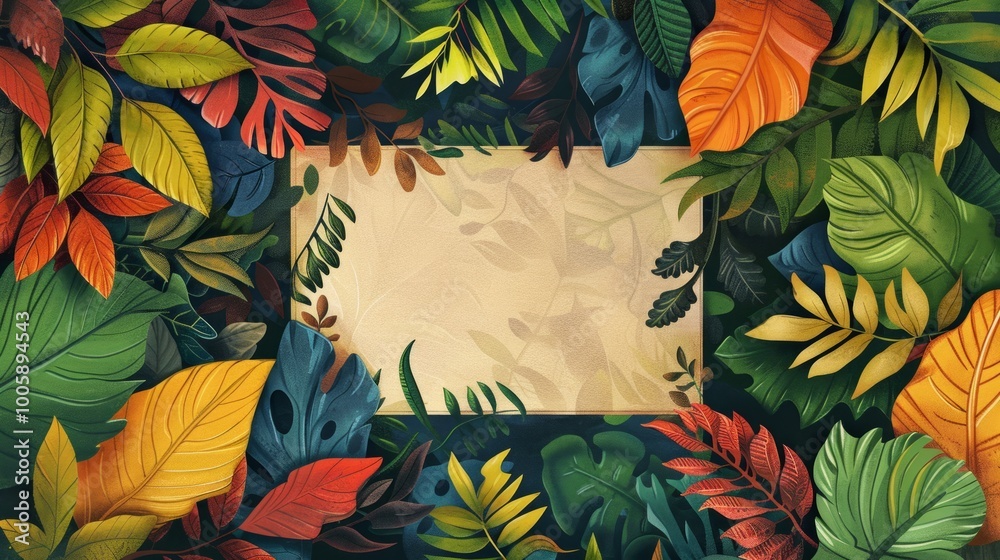 Surrounding the blank square are various colorful leaves and plants, adding a vibrant and lively touch to the scene. Surrounding the blank square are various colorful leaves and plants, adding a vibrant and lively touch to the scene.
