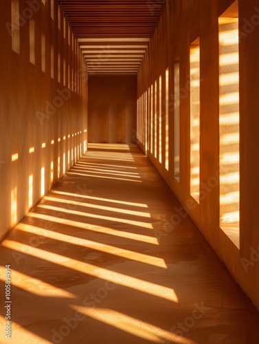The image shows a minimalist, warm-toned interior space with strong shadows creating geometric patterns