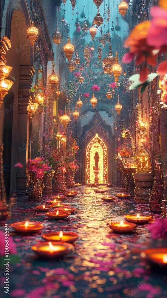 A long hallway with a lot of lights and flowers. Scene is warm and inviting A long hallway with a lot of lights and flowers. Scene is warm and inviting
