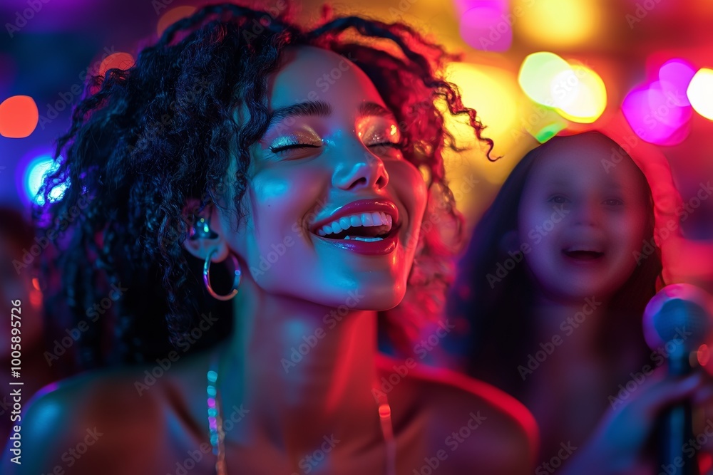 Obraz premium A woman sings with a big smile at a party lit with colorful lights