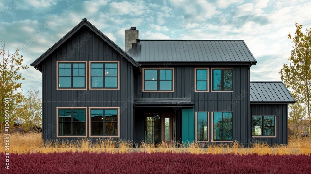 Modern farmhouse-style home with vertical charcoal paneling, almond trim on windows, set against burgundy grass and surrounded by teal trees, merging rustic with contemporary Modern farmhouse-style home with vertical charcoal paneling, almond trim on windows, set against burgundy grass and surrounded by teal trees, merging rustic with contemporary