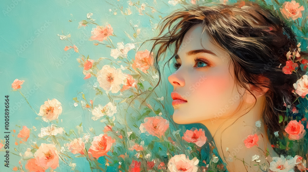 facial profile and flowers style realistic still life painting for international women's day
