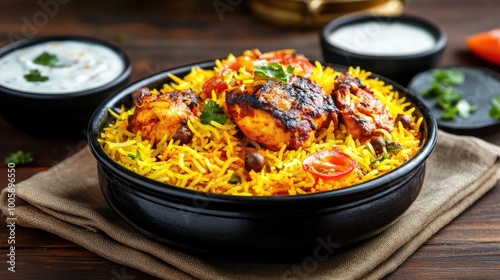 A vibrant bowl of flavorful biryani, showcasing tender chicken, aromatic rice, and fresh herbs, perfect for food lovers.