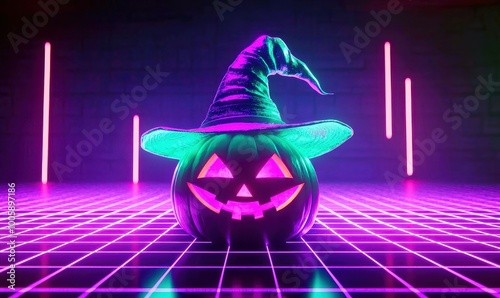 Purple pumpkins are illuminated on the surface reflects in Halloween photo