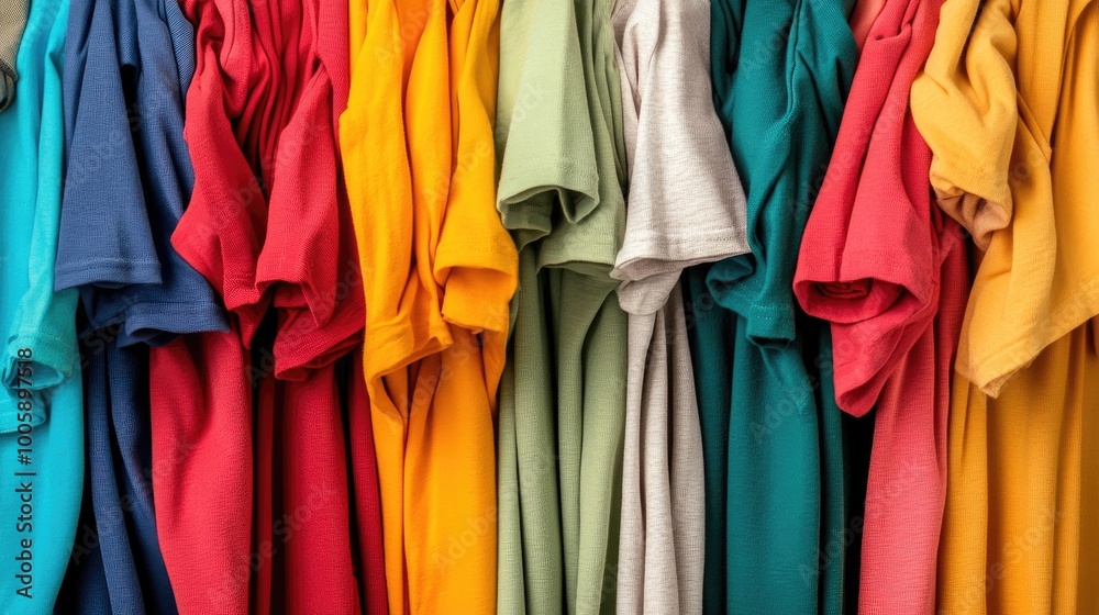 A vibrant collection of folded t-shirts in various colors showcasing textile variety and fashion appeal. A vibrant collection of folded t-shirts in various colors showcasing textile variety and fashion appeal.