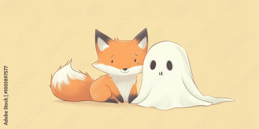 Fototapeta premium Fox Cub with Ghost in Playful Hiding Scene