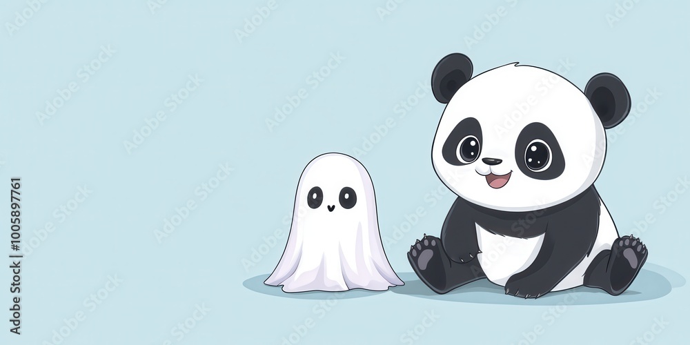 Fototapeta premium Cute Panda Cub Sitting with Adorable Ghost Character
