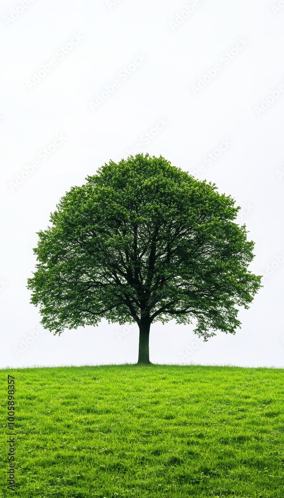 Obraz premium Solitary Deciduous Tree with Lush Green Crown on a Grassy Hill, Minimalist Nature Scene
