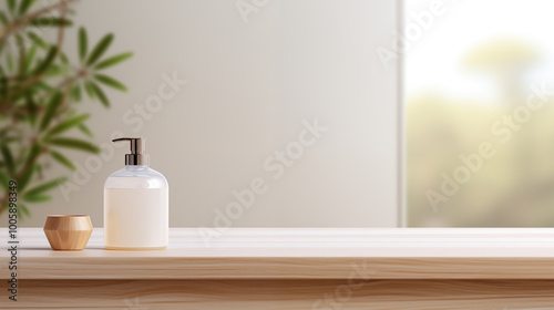 Wooden tabletop, empty podium product display over blurred window background. Cosmetic presentation, advertising, mockup, showcasing.	
