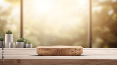 Wooden tabletop, empty podium product display, over blurred bathroom background with shampoo, mirror, flower pot.