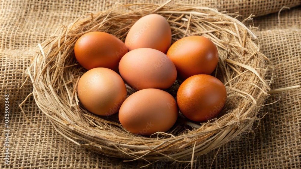 Close up of a heap of chicken eggs in a jute nest, perfect for Easter, spring, or eco food concepts, chicken eggs, jute nest Close up of a heap of chicken eggs in a jute nest, perfect for Easter, spring, or eco food concepts, chicken eggs, jute nest