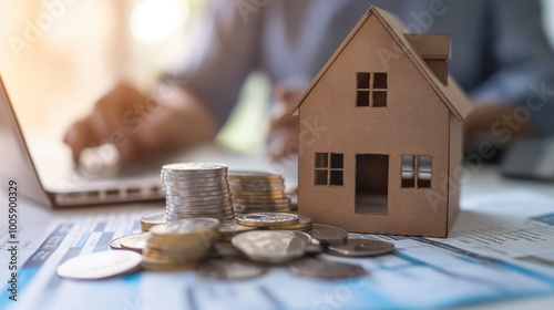 Mortgage Credit Agreement buy or rent home. Calculation of loan repayment. House model miniature, money, calculator. Tax, credit analysis for optimal mortgage payment.	
