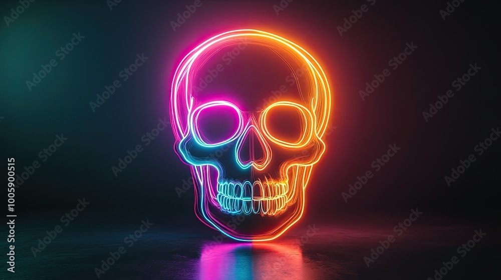 A vibrant neon skull design, radiating colorful lights against a dark background, perfect for Halloween or artistic themes. A vibrant neon skull design, radiating colorful lights against a dark background, perfect for Halloween or artistic themes.