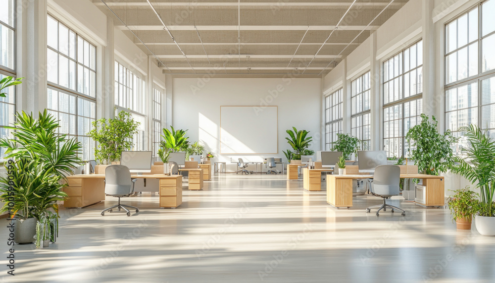 Spacious open plan office with big windows and sunlight illuminating the room Spacious open plan office with big windows and sunlight illuminating the room