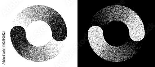 Abstract art background with dotted circle. Stipple effect with chaotic noise in spiral. Black shape on a white background and the same white shape on the black side.