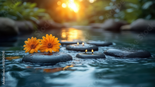 Banner spa stones in garden with flow water candles and flowers for massage spa treatment