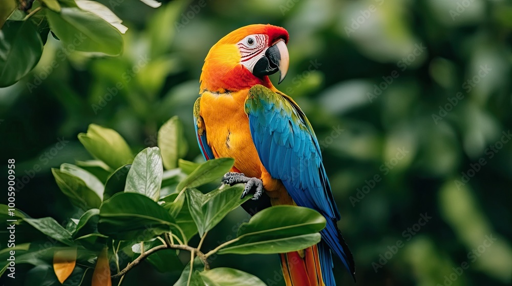 Obraz premium A vibrant parrot perched on lush green foliage, showcasing its colorful feathers in a natural tropical setting.