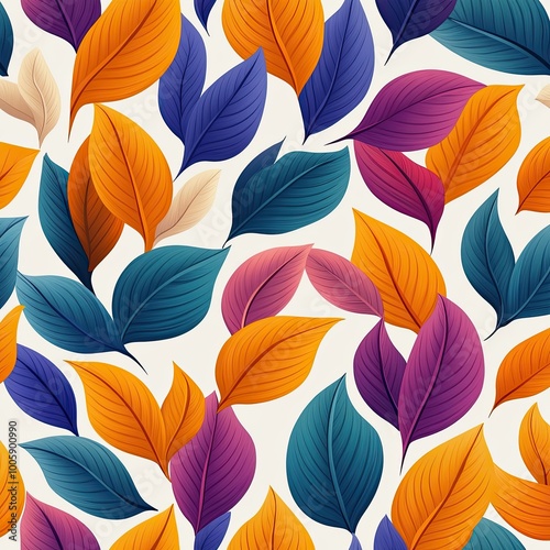 A vibrant pattern featuring colorful leaves in various shades of blue, purple, orange, and cream on a light background.