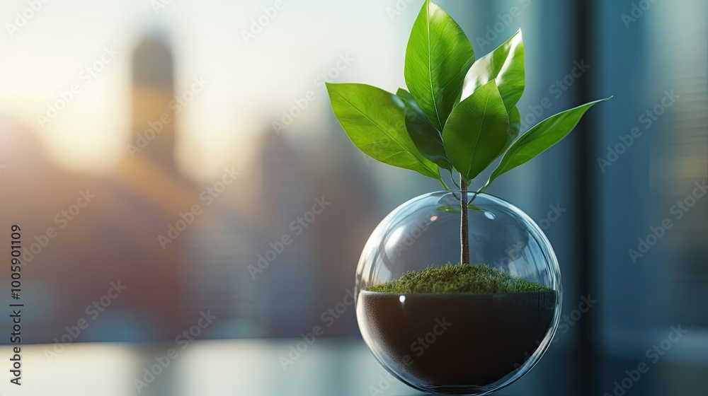 A vibrant plant growing in a glass orb, symbolizing nature's beauty and environmental sustainability amidst a modern cityscape. A vibrant plant growing in a glass orb, symbolizing nature's beauty and environmental sustainability amidst a modern cityscape.