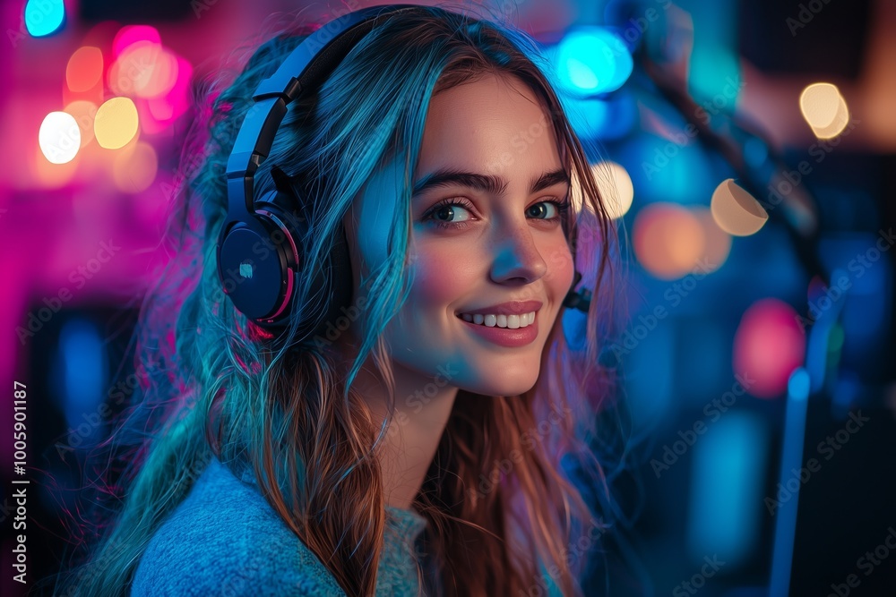 A young woman wearing headphones smiles in front of a colorful backdrop A young woman wearing headphones smiles in front of a colorful backdrop