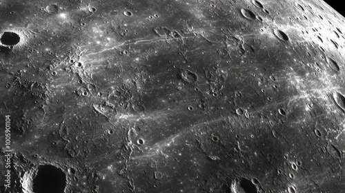 Mercury surface in sharp detail, with large craters and jagged ridges under the bright, harsh sunlight