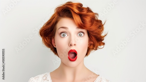 Woman with red hair and green eyes is looking surprised. She has a short haircut and is wearing a white shirt