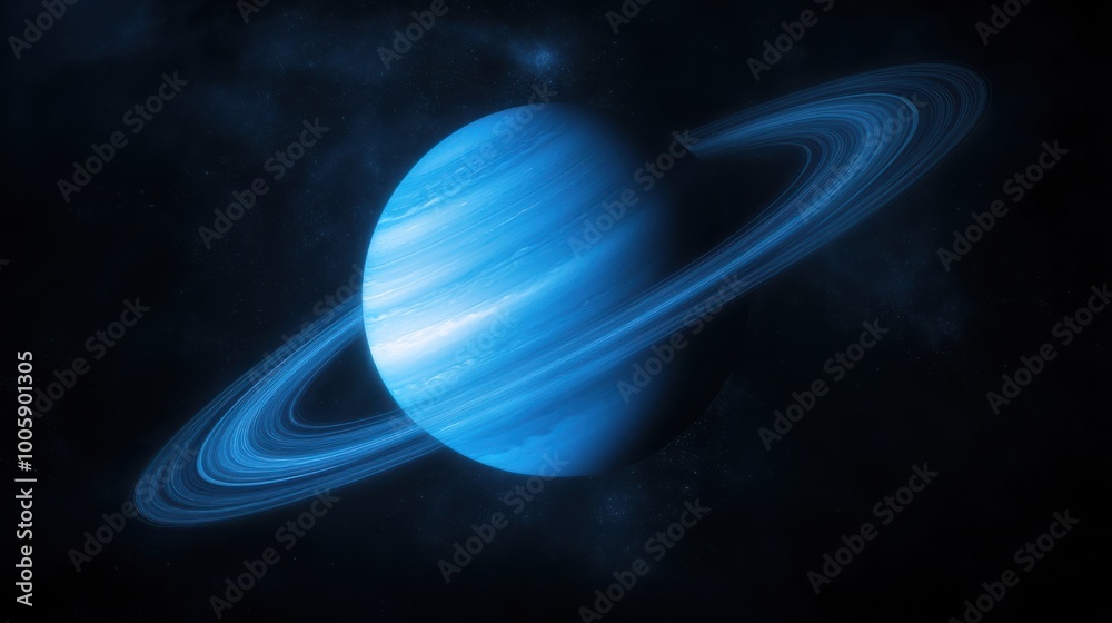 Neptune ring system, softly glowing in the starlight, casting shadows on the planet deep blue atmosphere