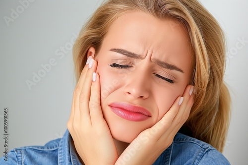 Woman with blonde hair is holding her head in her hands and looking down. She is in pain or discomfort