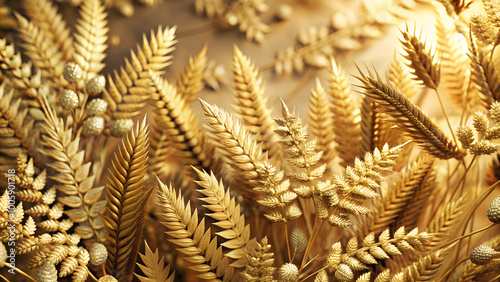 a close-up of wheat stalks with golden leaves and golden grains, set against a blurred background of wheat stalks photo