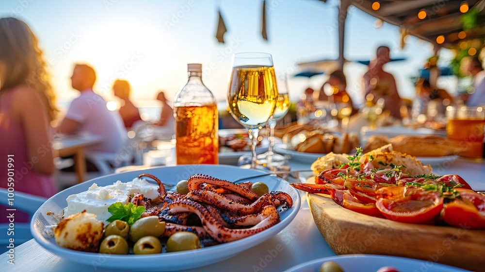 A vibrant seaside dining scene featuring seafood, olives, and drinks, perfect for capturing the essence of summer meals. A vibrant seaside dining scene featuring seafood, olives, and drinks, perfect for capturing the essence of summer meals.