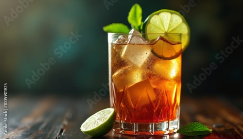 Refreshing iced cocktail with lime and mint garnish in a glass on a wooden table. Beverage photography for menu and drink design