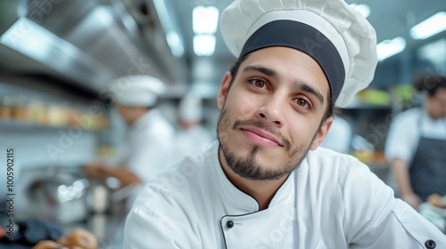 Chef is smiling and wearing a white hat. He is standing in a kitchen with other people