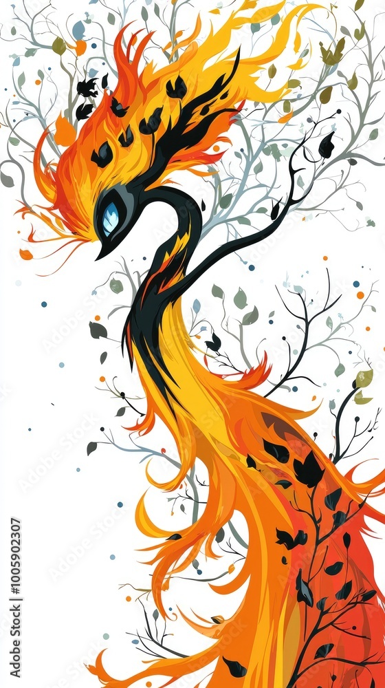 Obraz premium Phoenix Bird with Flames and Tree Branches