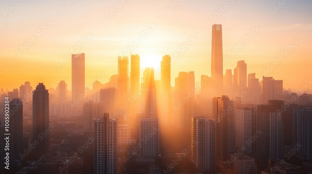 Fototapeta premium Sunrise over a city skyline, with the Sun rays illuminating tall buildings and casting long shadows