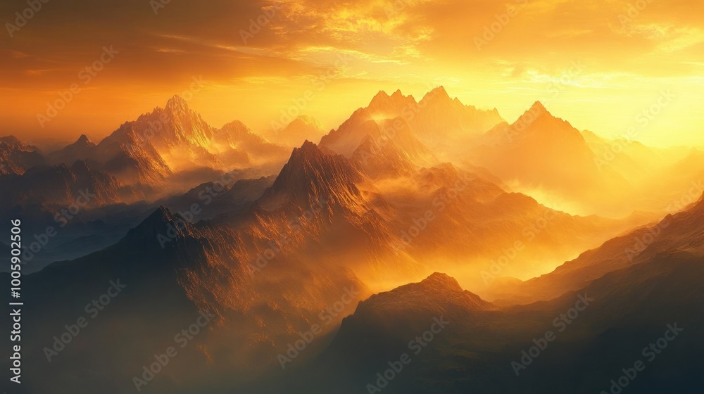 Sunrise over a misty mountain range, with golden light illuminating the peaks and valleys below Sunrise over a misty mountain range, with golden light illuminating the peaks and valleys below