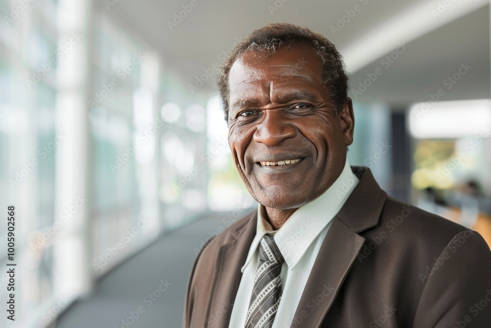 Portrait of successful senior Papua New Guinean businessman consultant looking at camera and smiling inside modern office building , background blur Portrait of successful senior Papua New Guinean businessman consultant looking at camera and smiling inside modern office building , background blur