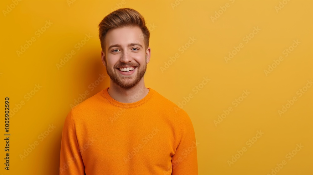 Man in an orange shirt is smiling and looking at the camera. The image has a bright and cheerful mood, with the orange color of the shirt and the yellow background adding to the overall warmth Man in an orange shirt is smiling and looking at the camera. The image has a bright and cheerful mood, with the orange color of the shirt and the yellow background adding to the overall warmth