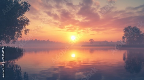 Sunrise over a peaceful lake, with the Sun reflection shimmering on the still water surface