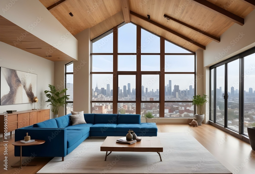 A modern living room with a large window overlooking a city skyline. The room has a blue sofa, a low wooden coffee table, and pendant lighting fixtures hanging from the exposed wooden ceiling beams A modern living room with a large window overlooking a city skyline. The room has a blue sofa, a low wooden coffee table, and pendant lighting fixtures hanging from the exposed wooden ceiling beams