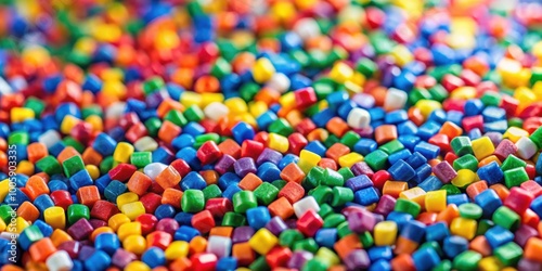 Colorful mix plastic polypropylene granules closeup with shallow depth of field , resin, pellets, polymer, grains, masterbatch