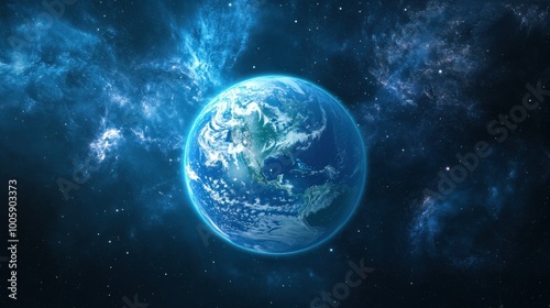 The Earth as a glowing blue orb in space, its atmosphere faintly visible with clouds and continents beneath