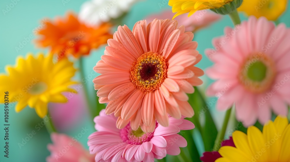Bouquet of flowers with a variety of colors including pink, yellow, and orange. The flowers are arranged in a vase and are placed on a blue background. Concept of freshness and vibrancy Bouquet of flowers with a variety of colors including pink, yellow, and orange. The flowers are arranged in a vase and are placed on a blue background. Concept of freshness and vibrancy