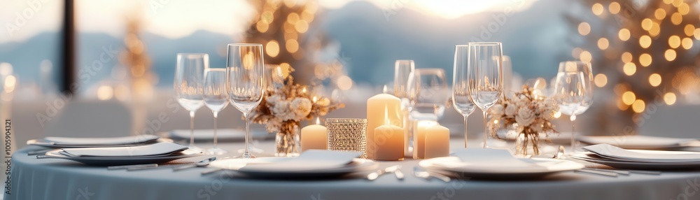 Elegant dinner setup with soft candlelight, glassware, and floral arrangements, creating a romantic dining atmosphere. Elegant dinner setup with soft candlelight, glassware, and floral arrangements, creating a romantic dining atmosphere.